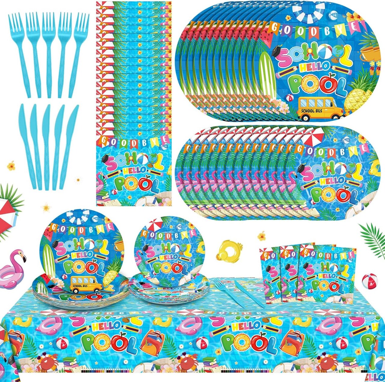 121 Pcs Goodbye School Hello Pool Party Tableware Set Includes 48 Pcs Plates 24 Pcs Napkins 24 Pcs Forks 24 Pcs Knives 1 Pcs Disposable Tablecloth for 24 Guests Pool Disposable Party Favors